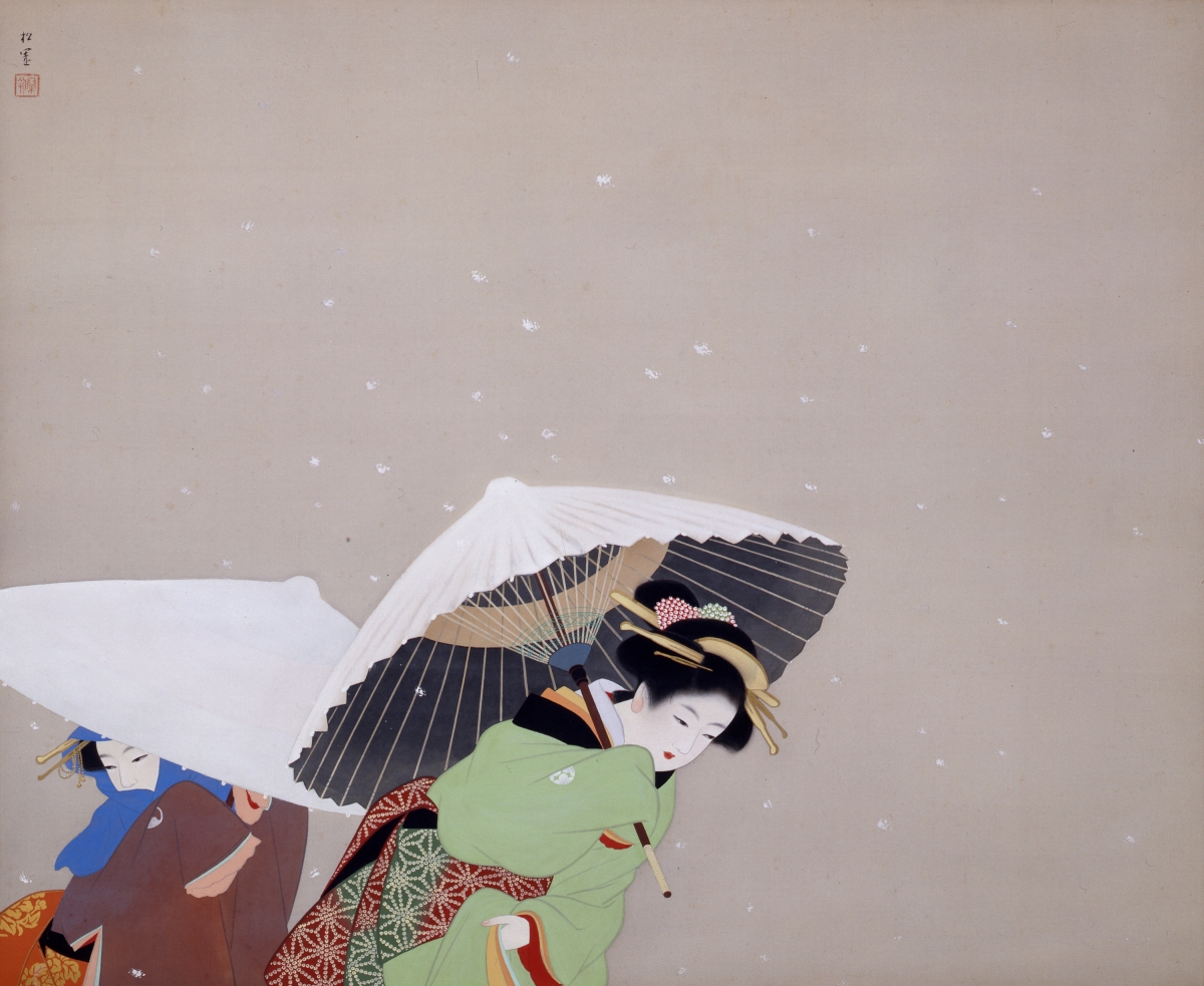 women battling snowy winds